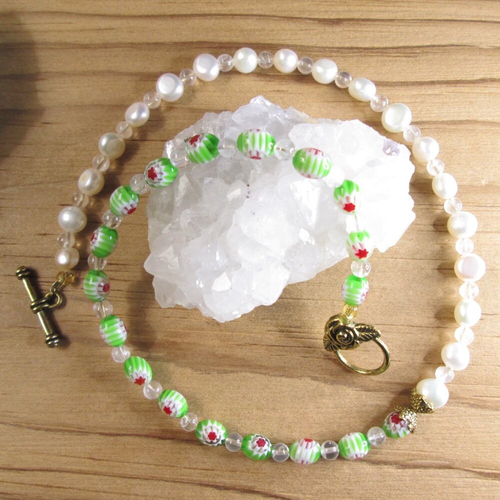 Freshwater Pearl and Green Millefiori with White Topaz Half and Half Necklace